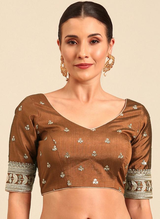 Raw Silk Brown Traditional Wear Embroidery Work Blouse